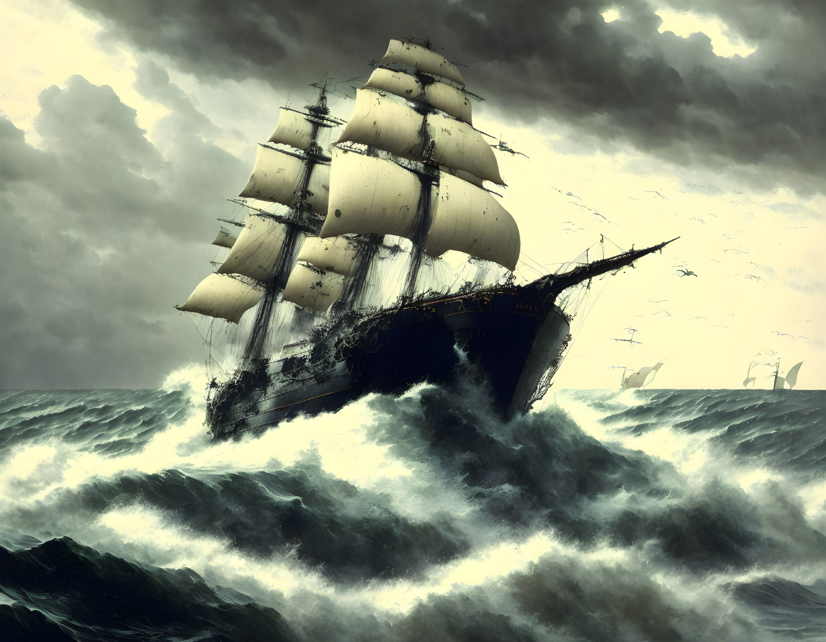 Tall ship sailing through stormy seas