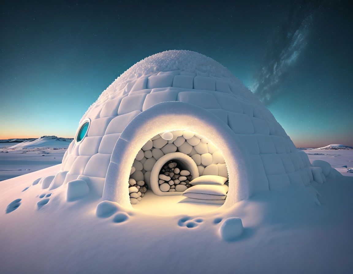 Snow-covered igloo under twilight sky with comet in snowy landscape