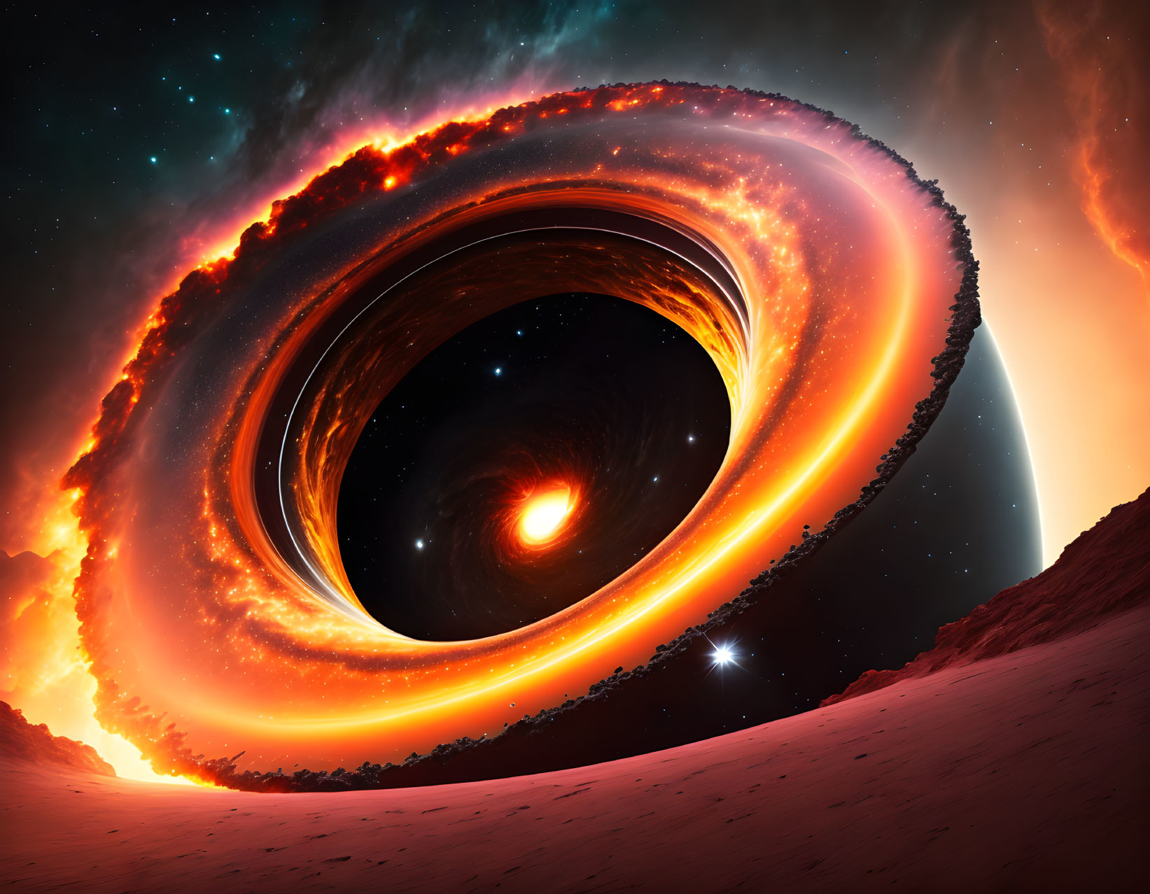 Detailed depiction of black hole with swirling accretion disk and fiery ring, stars in cosmic backdrop,