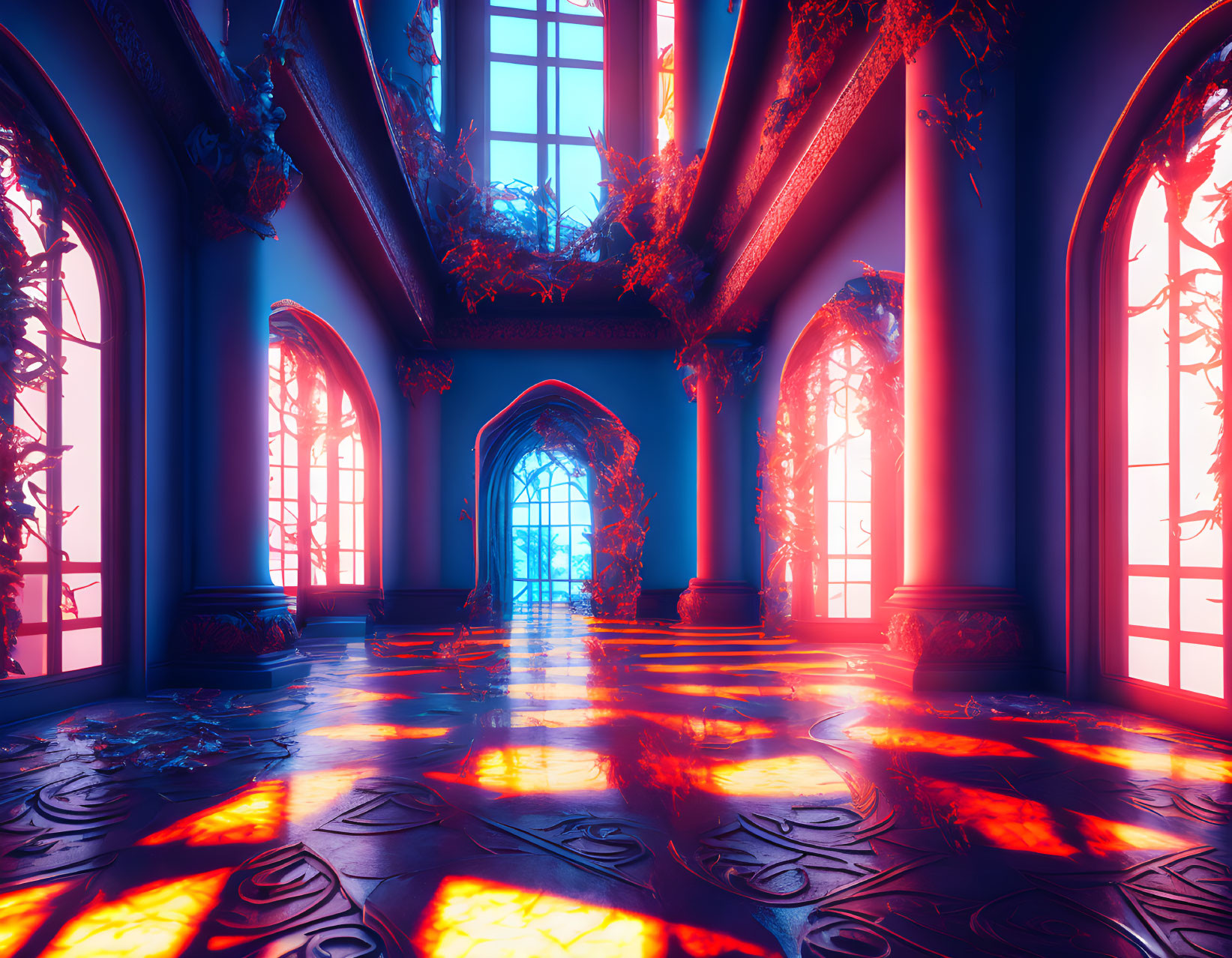 Colorful Fantasy Interior with Neon Blue Walls and Red Foliage