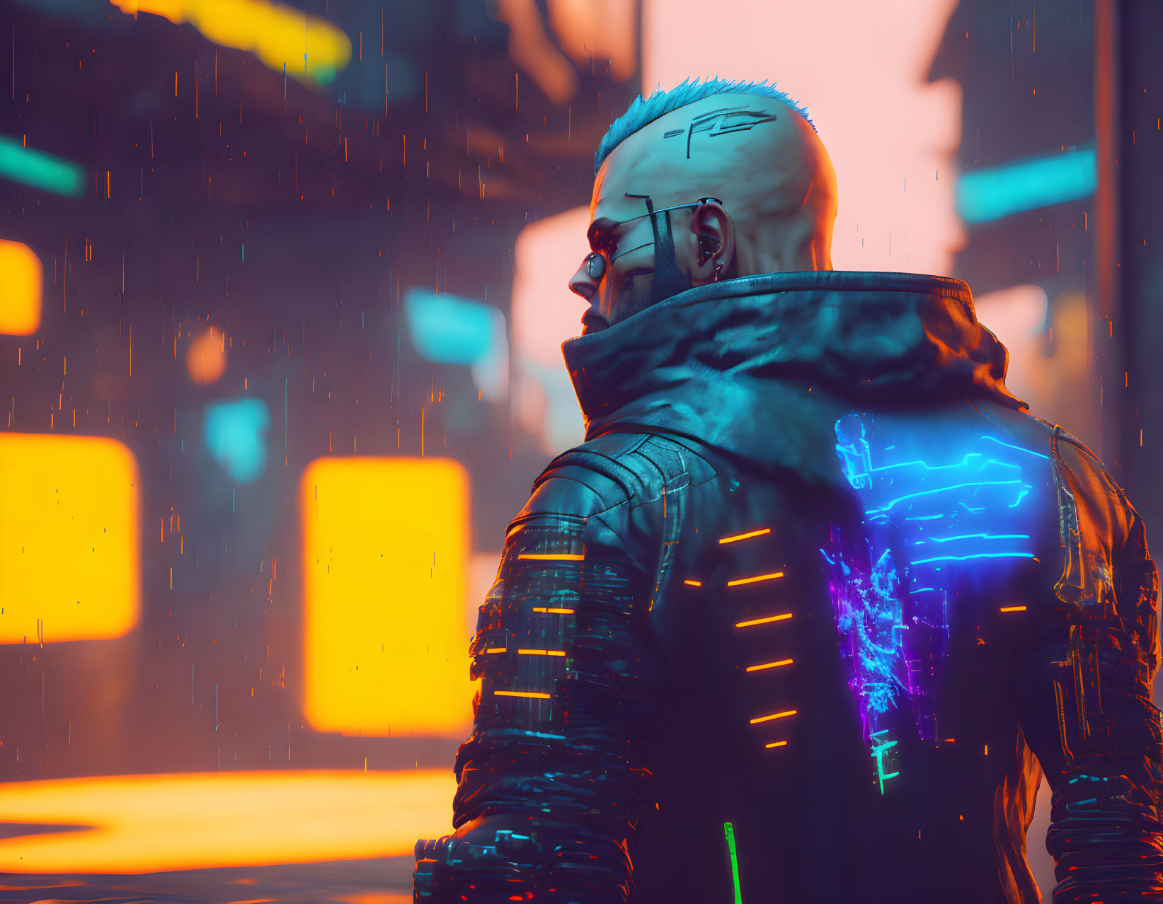 Cyberpunk-themed image of person in neon-lit cityscape