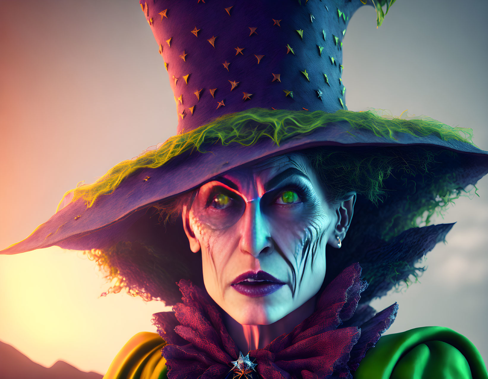 Green-skinned witch with oversized purple hat and piercing eyes