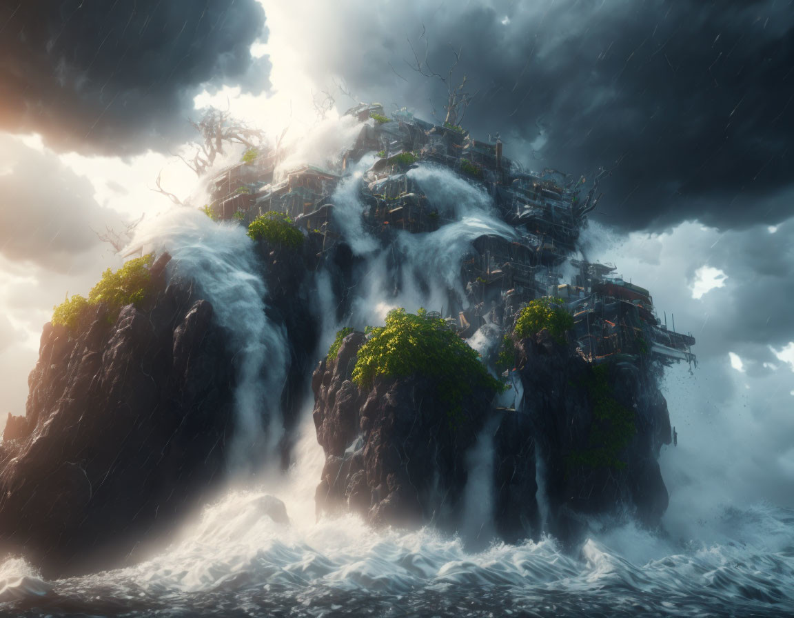 Mystical floating island with lush greenery and waterfalls