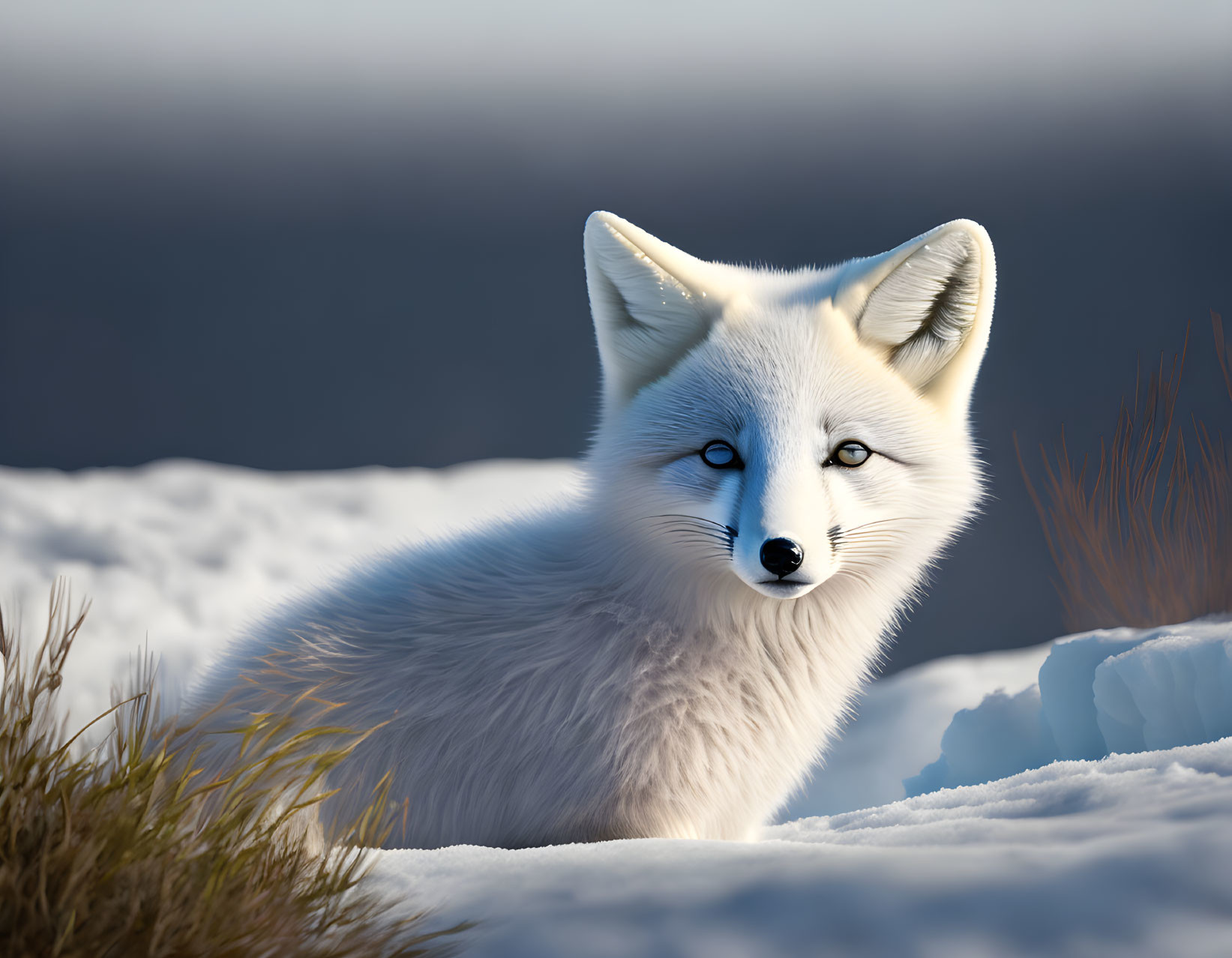 Arctic Fox with Blue Eyes Resting in Snowy Landscape