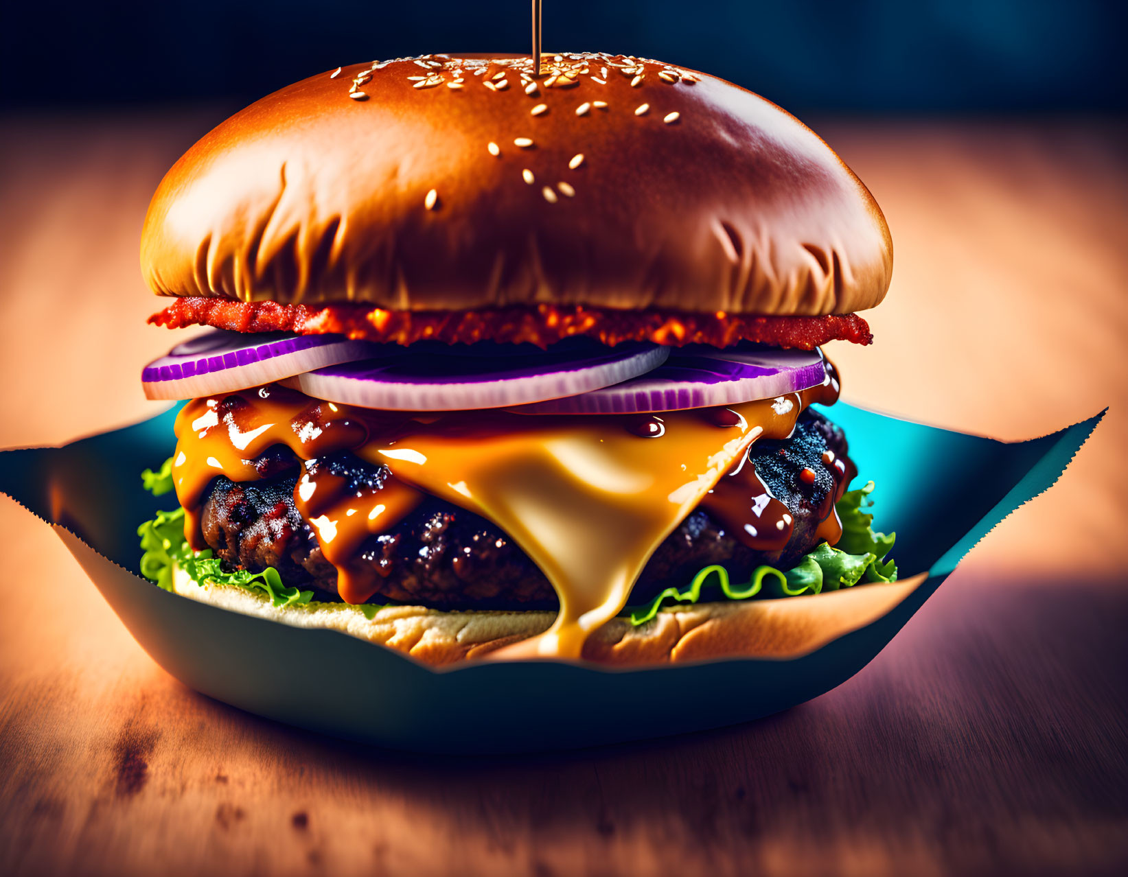 Double beef patty cheeseburger with bacon and onions on sesame bun