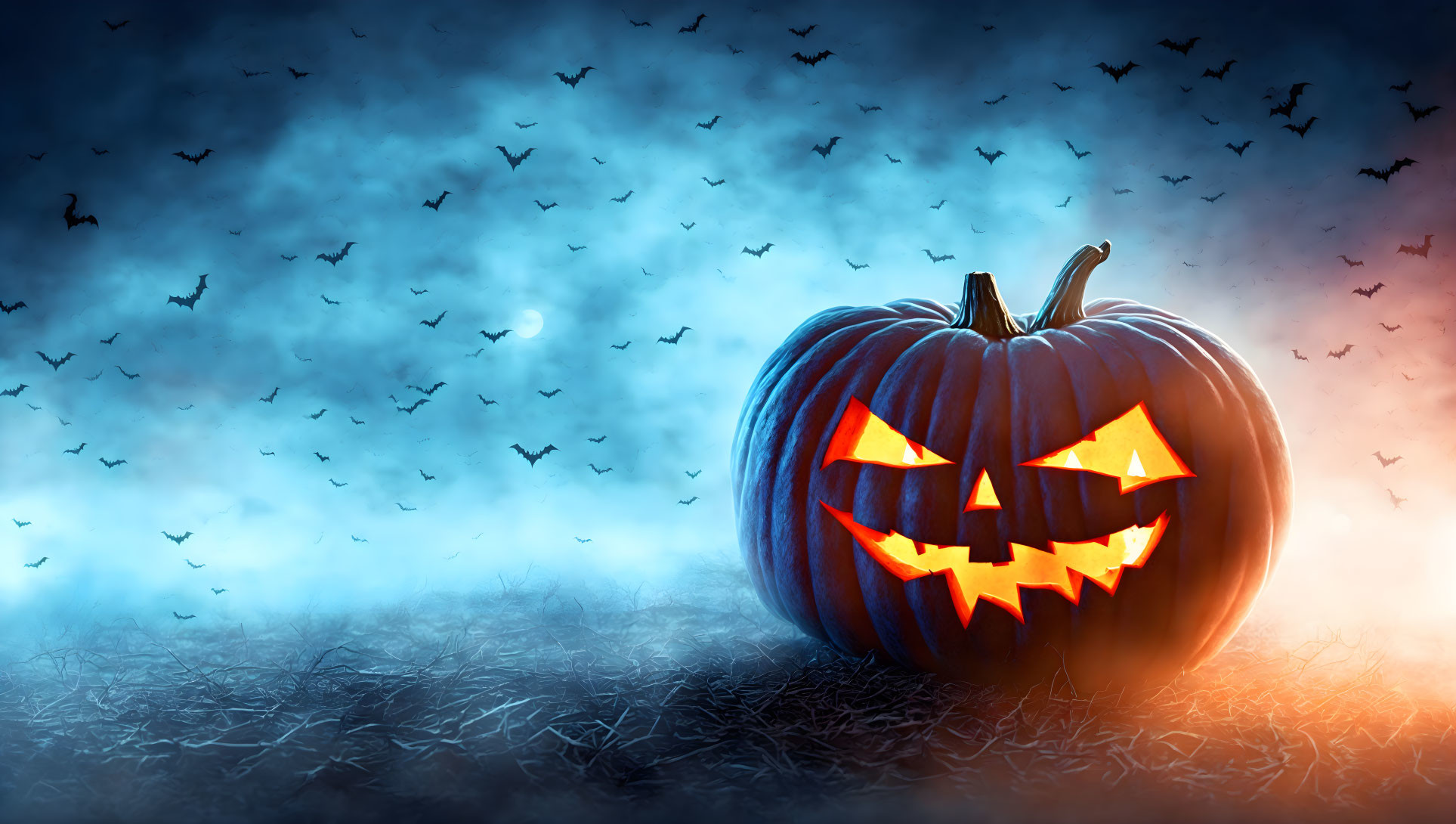 Jack-o'-lantern glowing in misty blue setting with bats silhouette