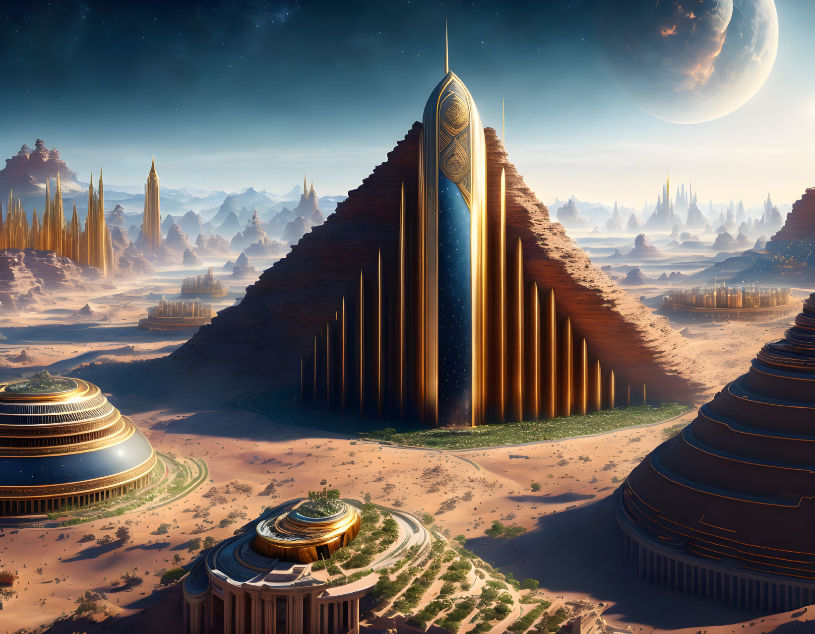 Futuristic cityscape with towering spires and pyramid-like structure under vast sky