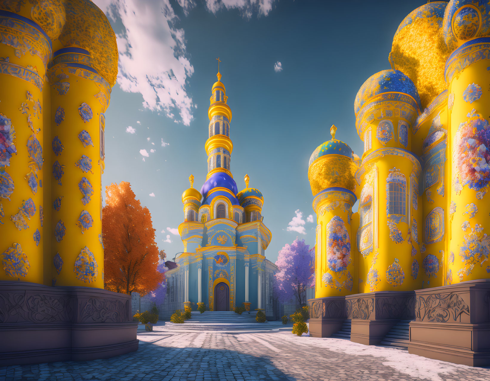 Fantastical cathedral digital artwork with golden domes and autumn trees