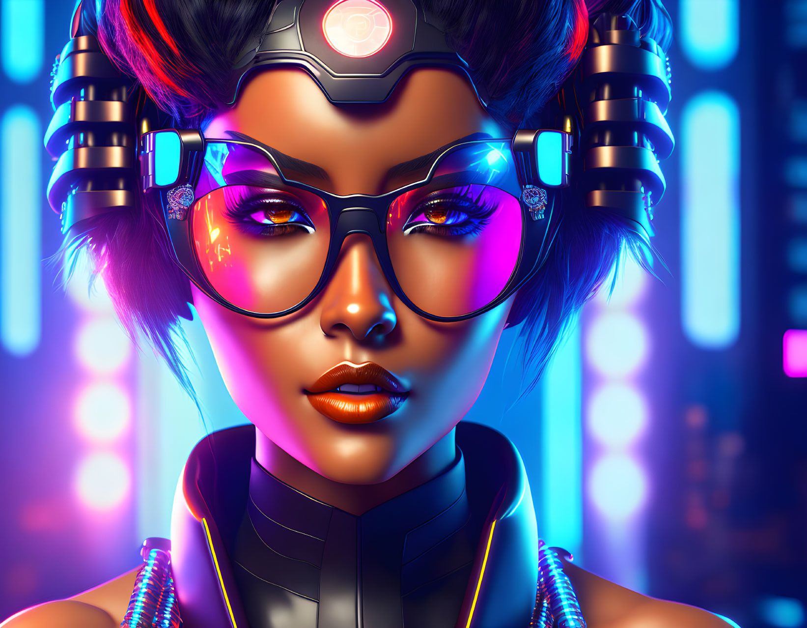 Futuristic woman portrait with glowing glasses and cybernetic enhancements