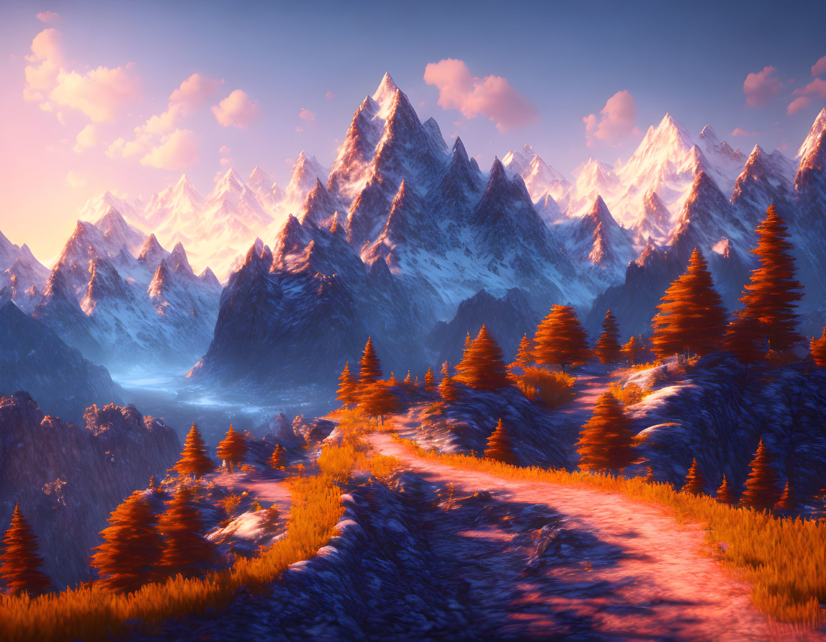 Scenic autumn forest path to snowy mountain peaks