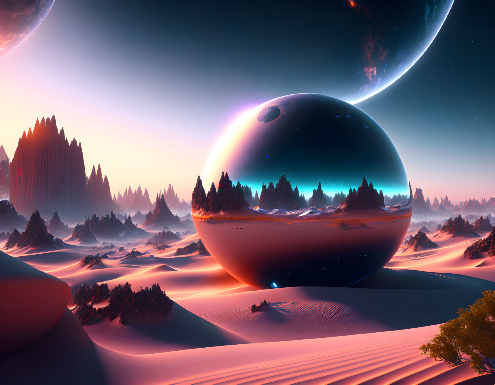 Surreal landscape with sand dunes, pine trees, and celestial bodies