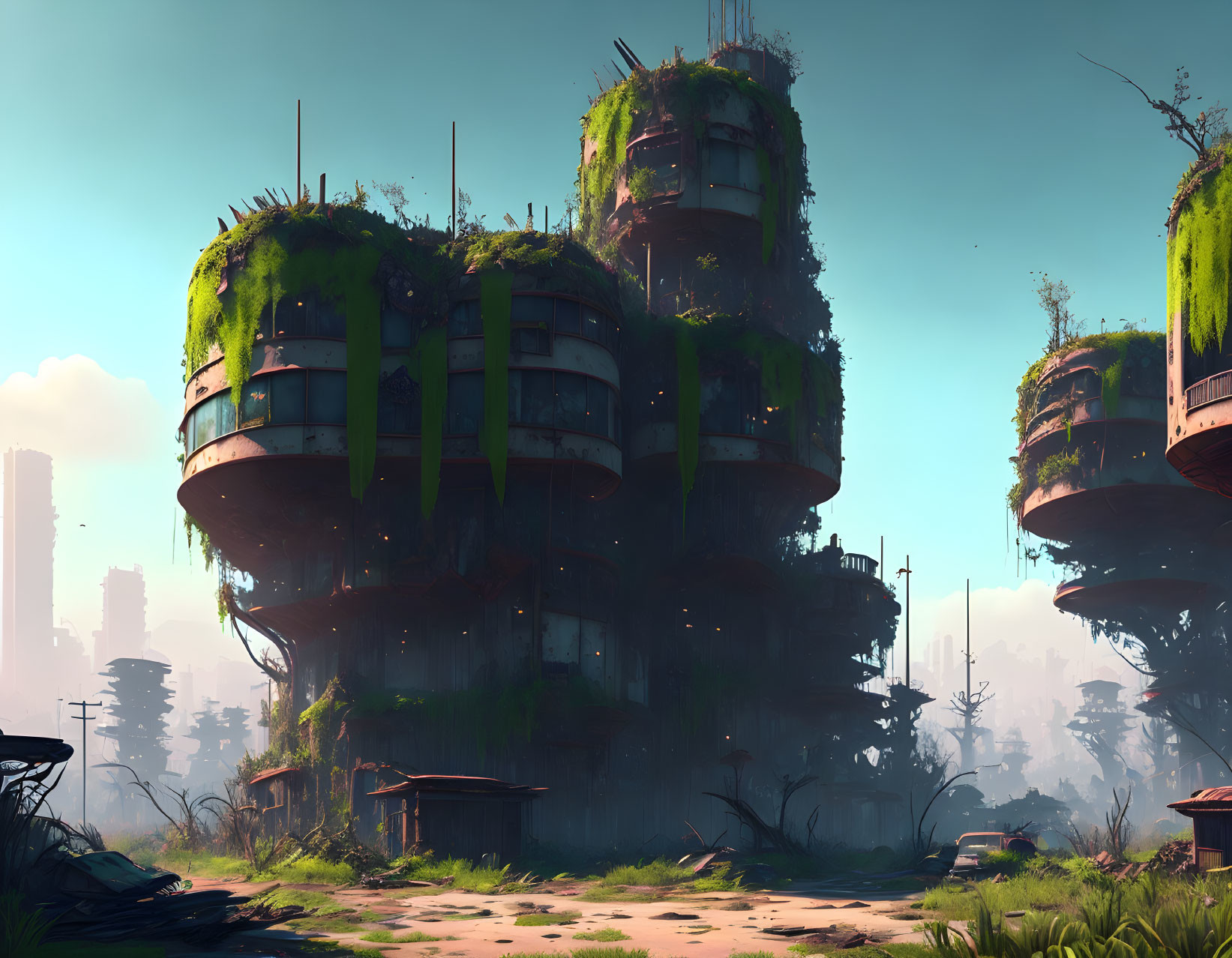 Overgrown futuristic buildings in post-apocalyptic setting