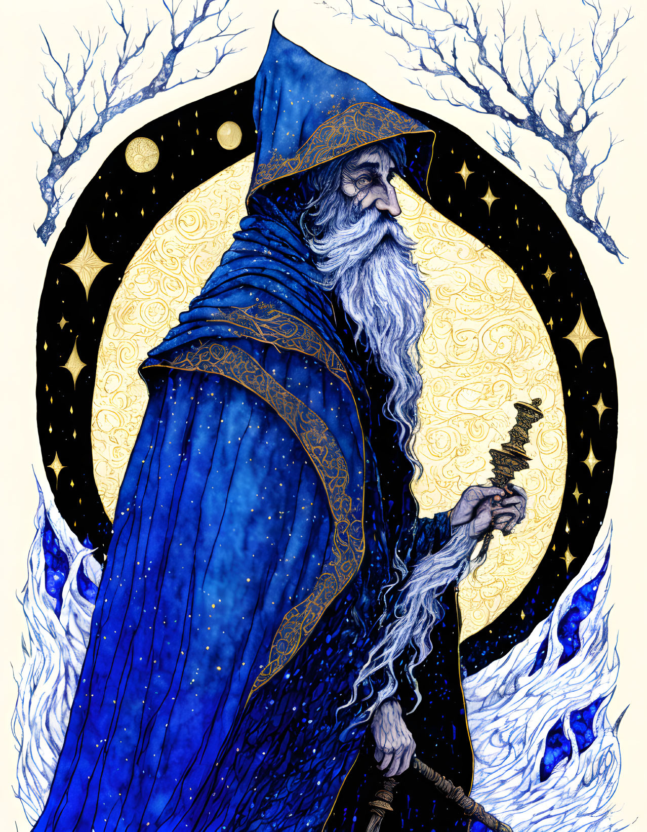 Bearded wizard in blue robe with staff on circular background