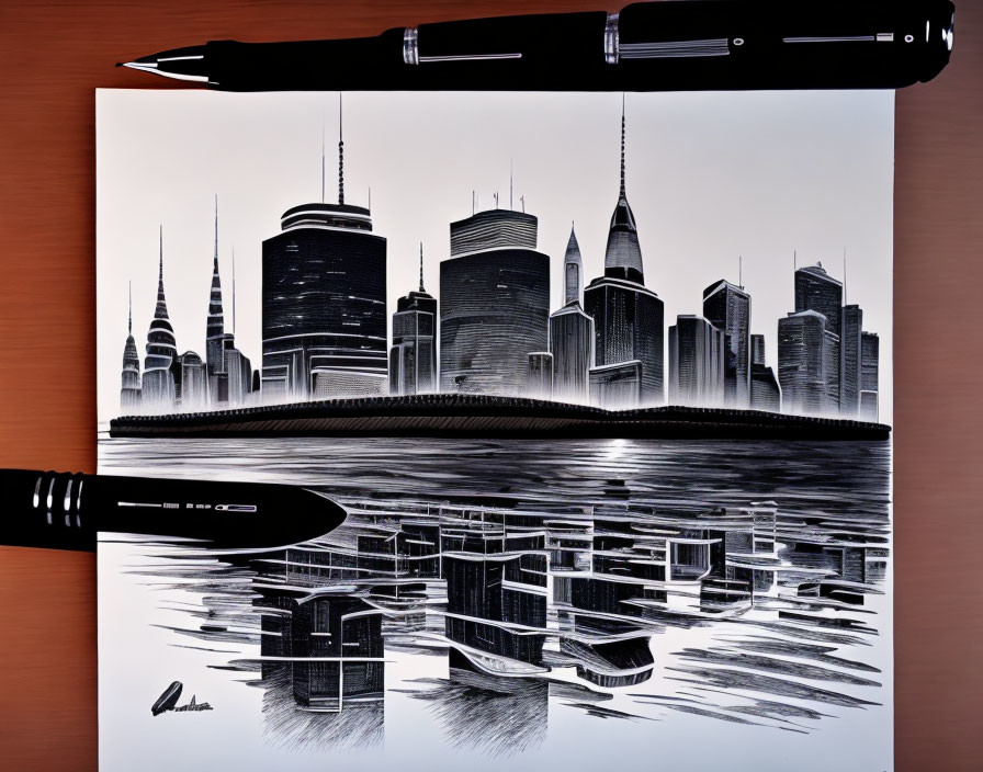 Monochrome city skyline drawing with reflection, pen and marker on wooden surface