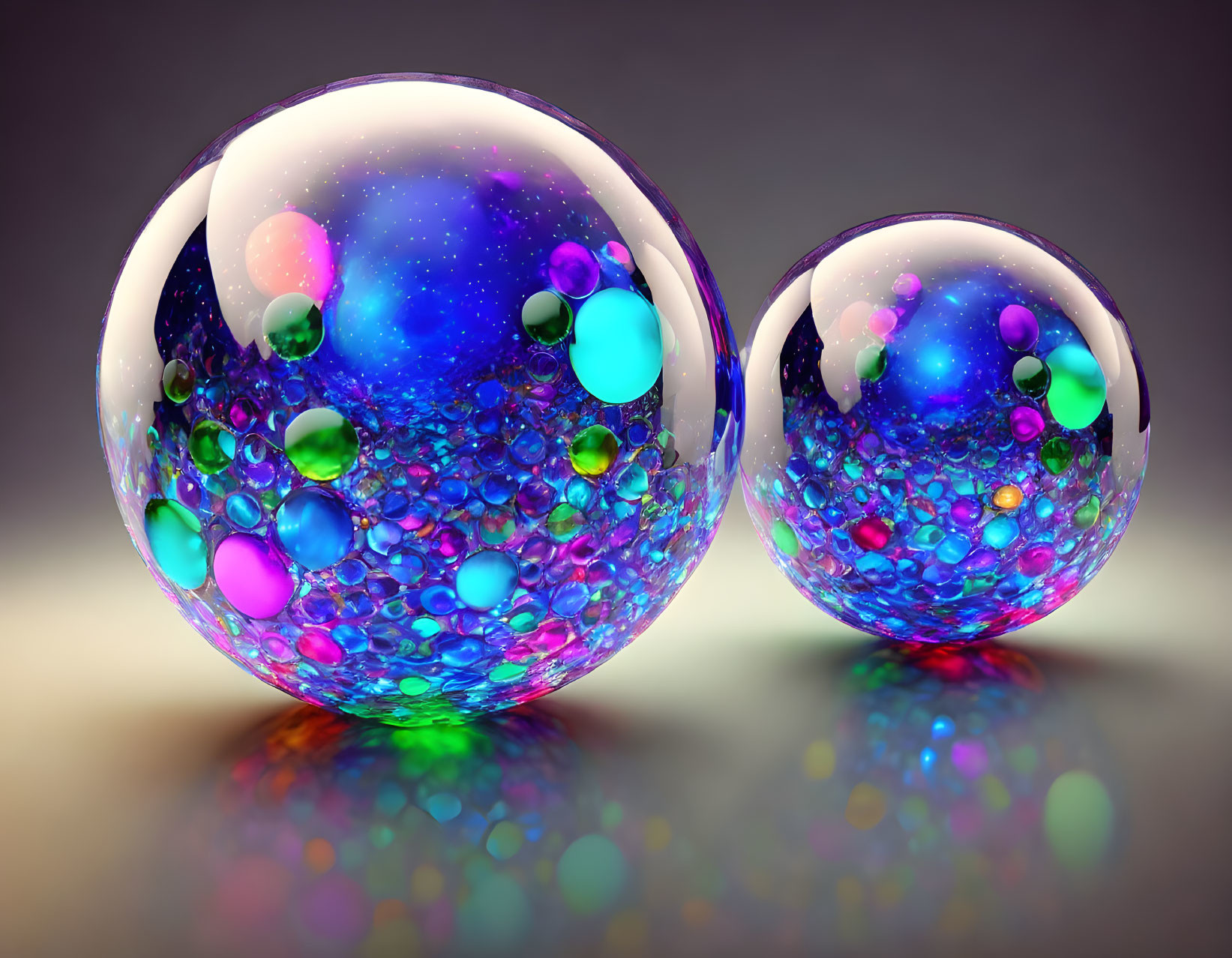 Colorful bubbles in glass spheres on reflective surface with gradient background