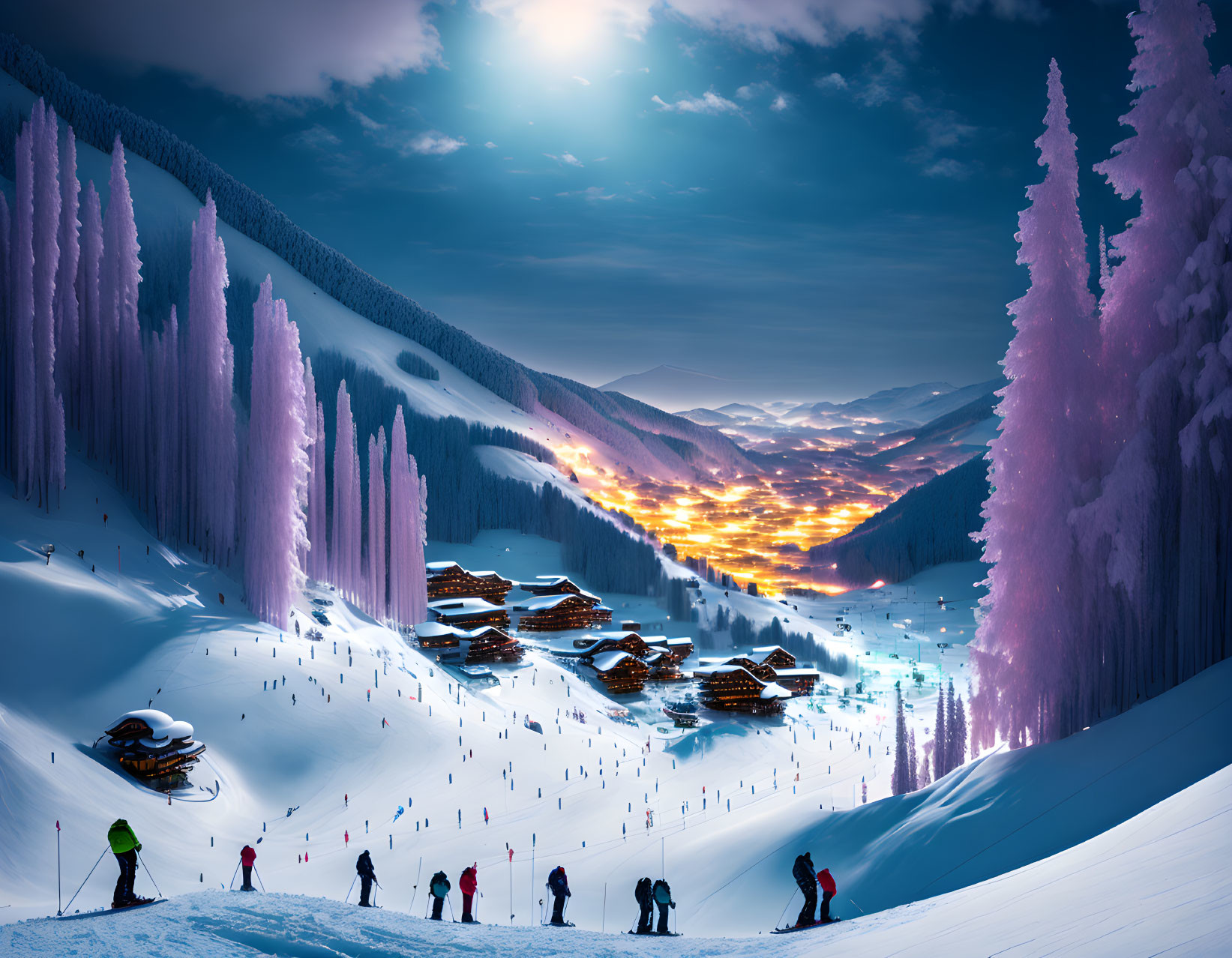 Snowy Slope Skiers at Dusk with Mountain Village and Twilight Sky