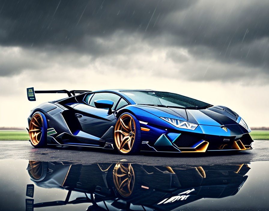 Blue and Black Lamborghini Aventador with Gold Rims in Rainy Setting