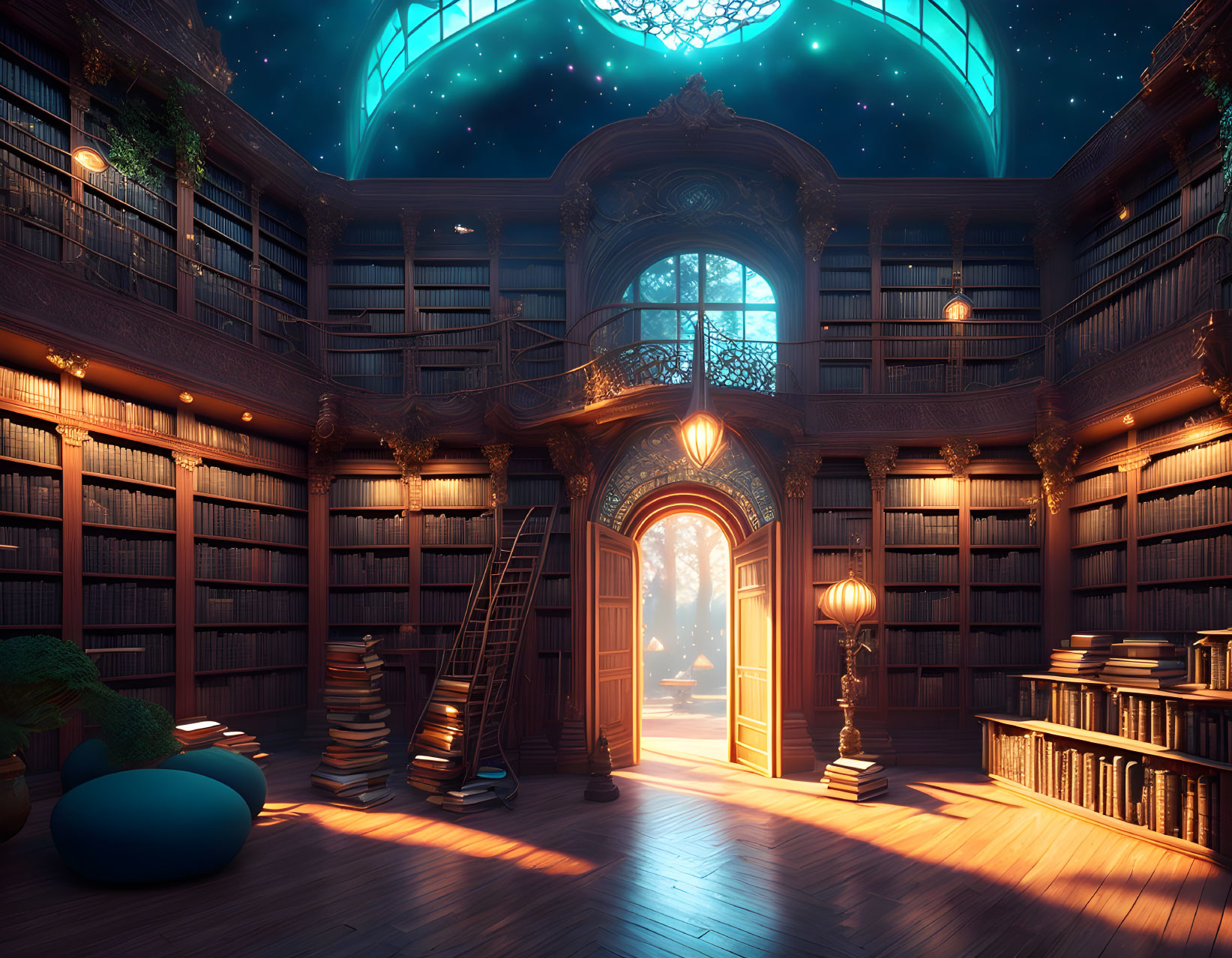 Enchanting library with towering bookshelves and glowing dome ceiling