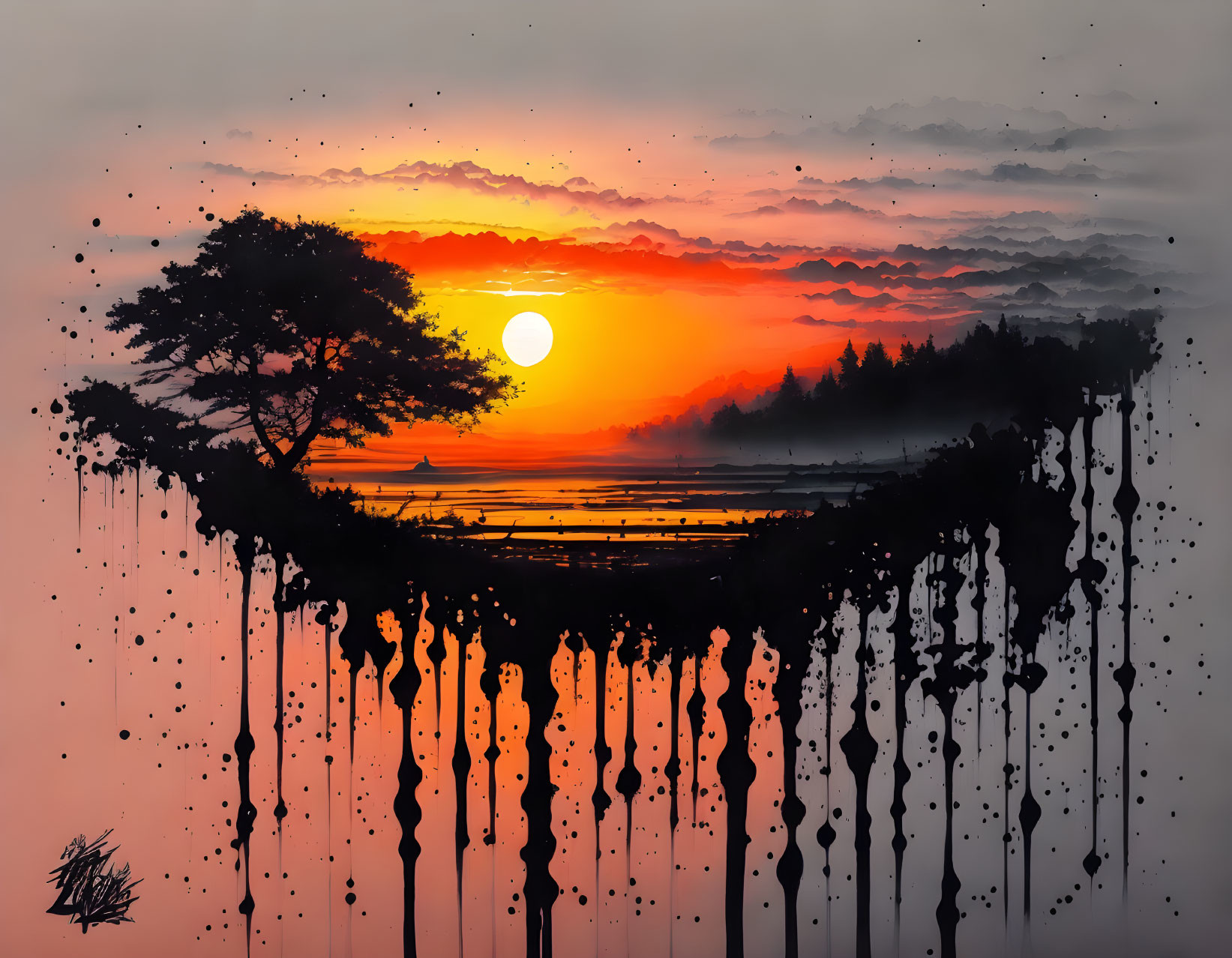 Vivid orange and red sunset silhouette tree against layered clouds