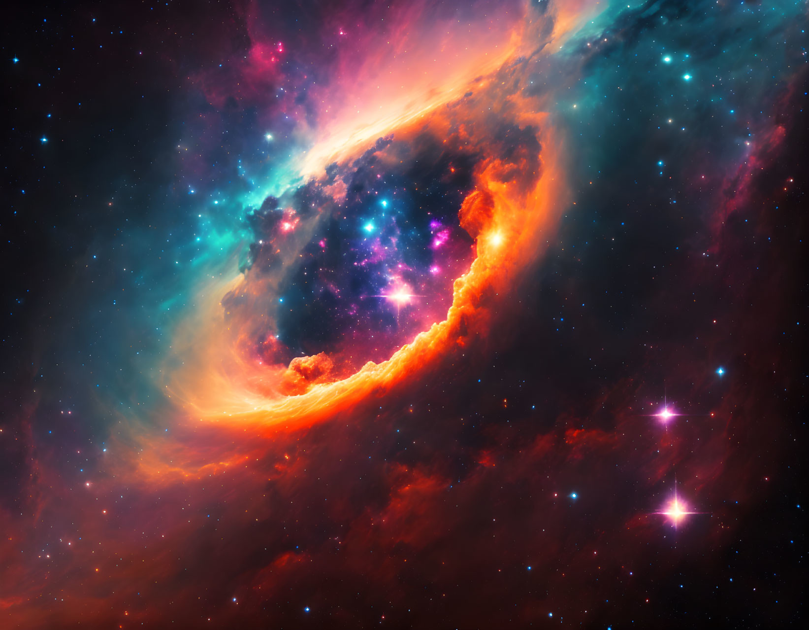 Colorful cosmic scene with orange and red nebulas in deep blue space.