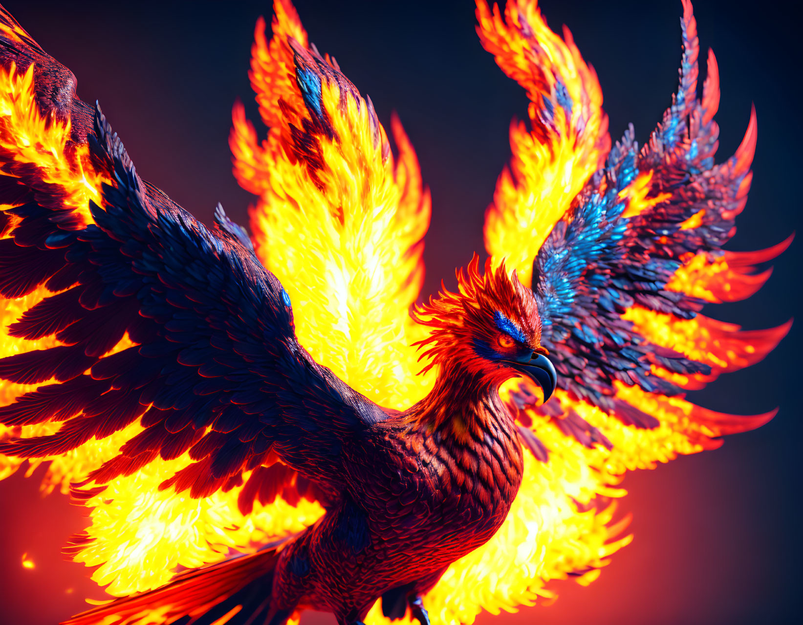 Phoenix with Flames: Vibrant Digital Art Piece on Fiery Red Background