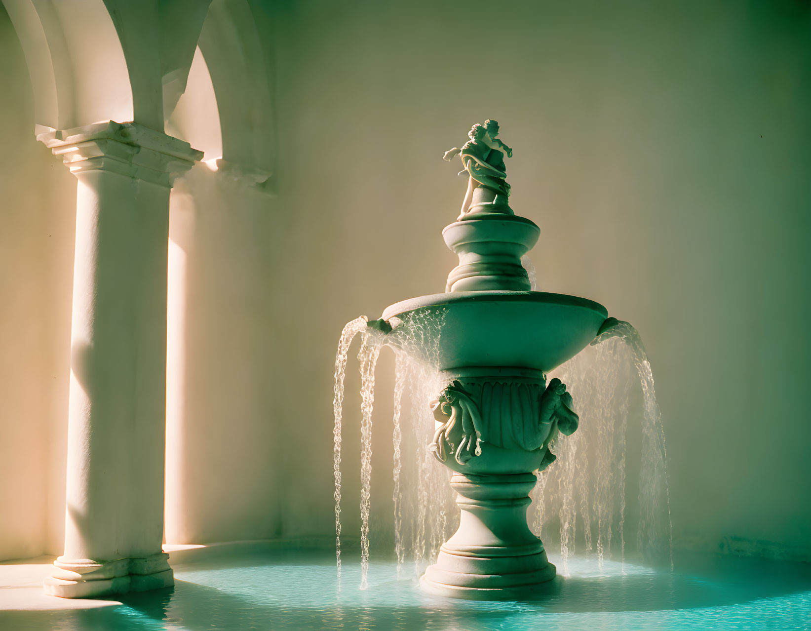 Ornate indoor fountain in softly lit room