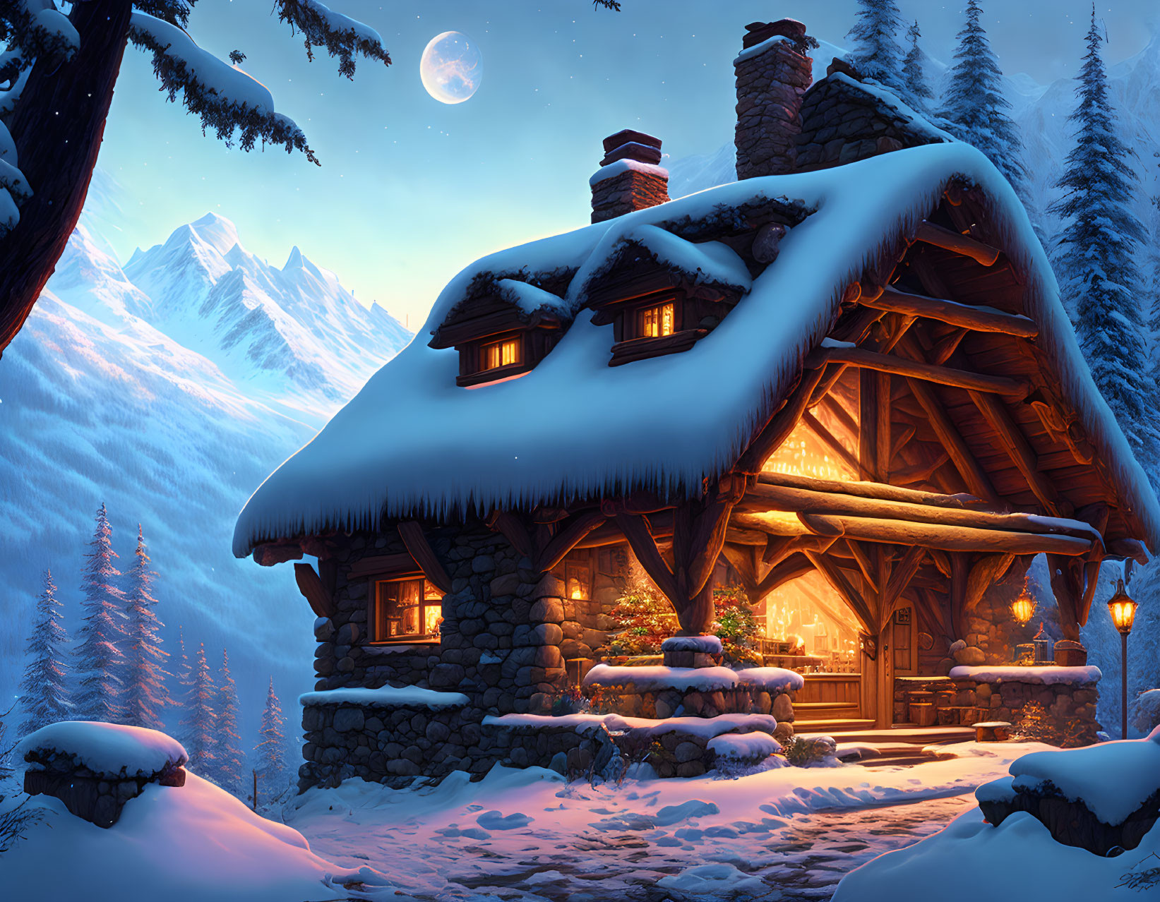 Snow-covered cabin at night under full moon and snowy evergreens