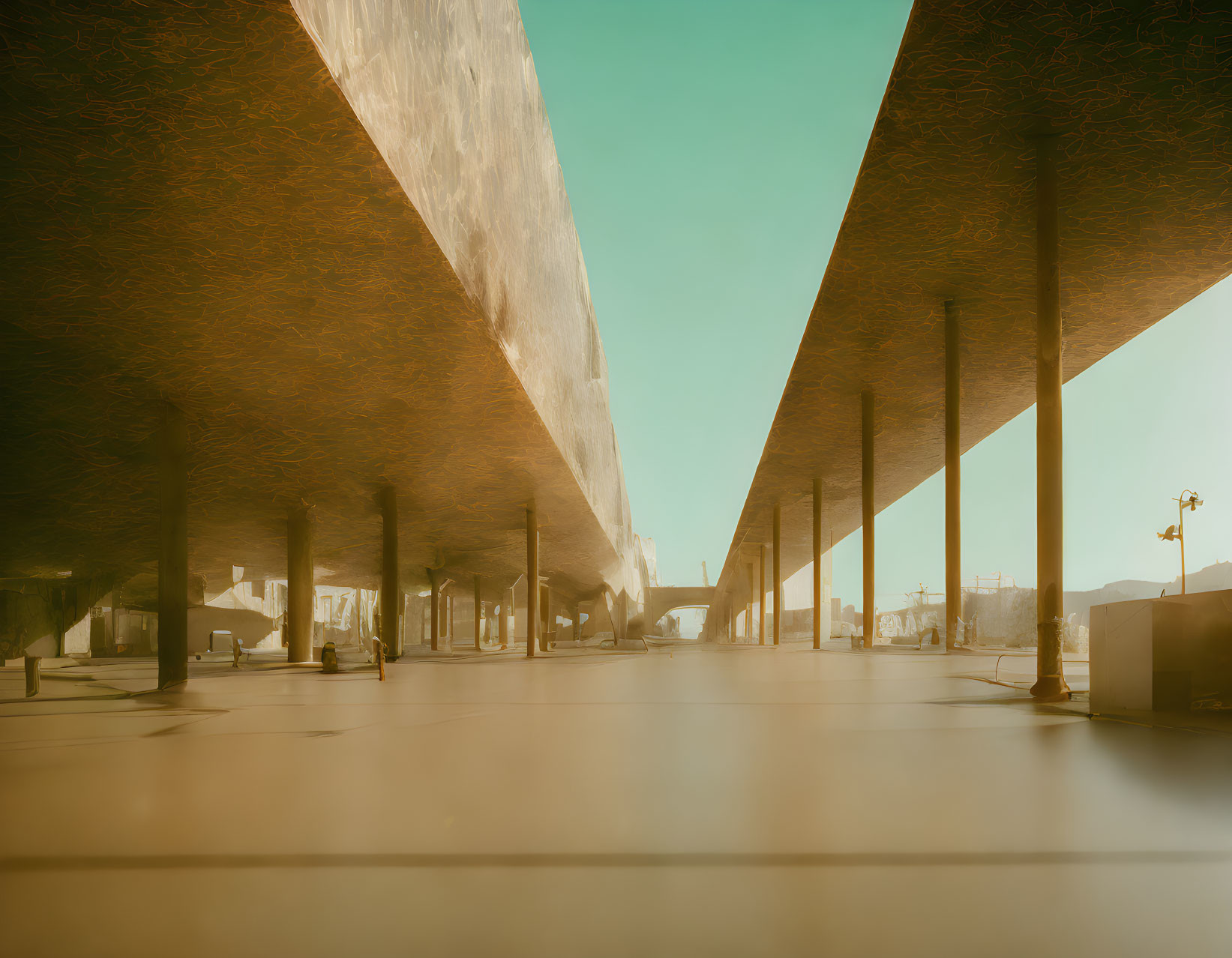 Spacious Sunlit Area with Golden Underside and Columns