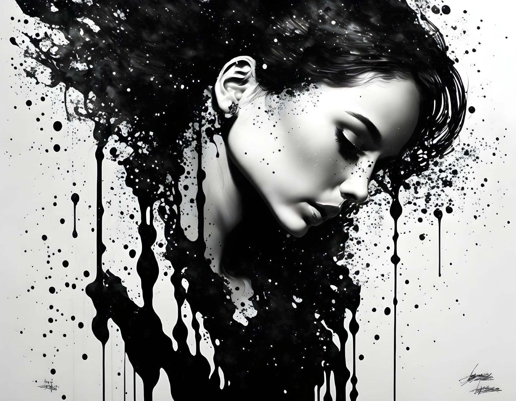 Monochromatic profile art: woman with ink hair splashes