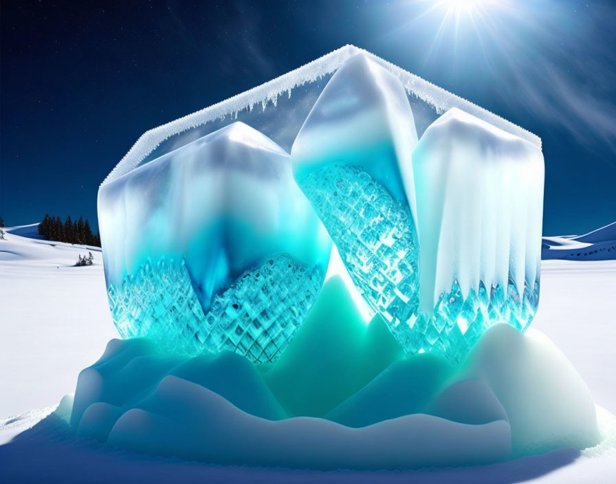 Translucent ice structure under bright sun in snowy landscape