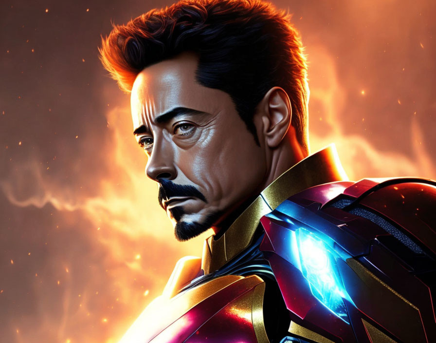 Illustration of man in goatee in high-tech armored suit with glowing elements on fiery backdrop