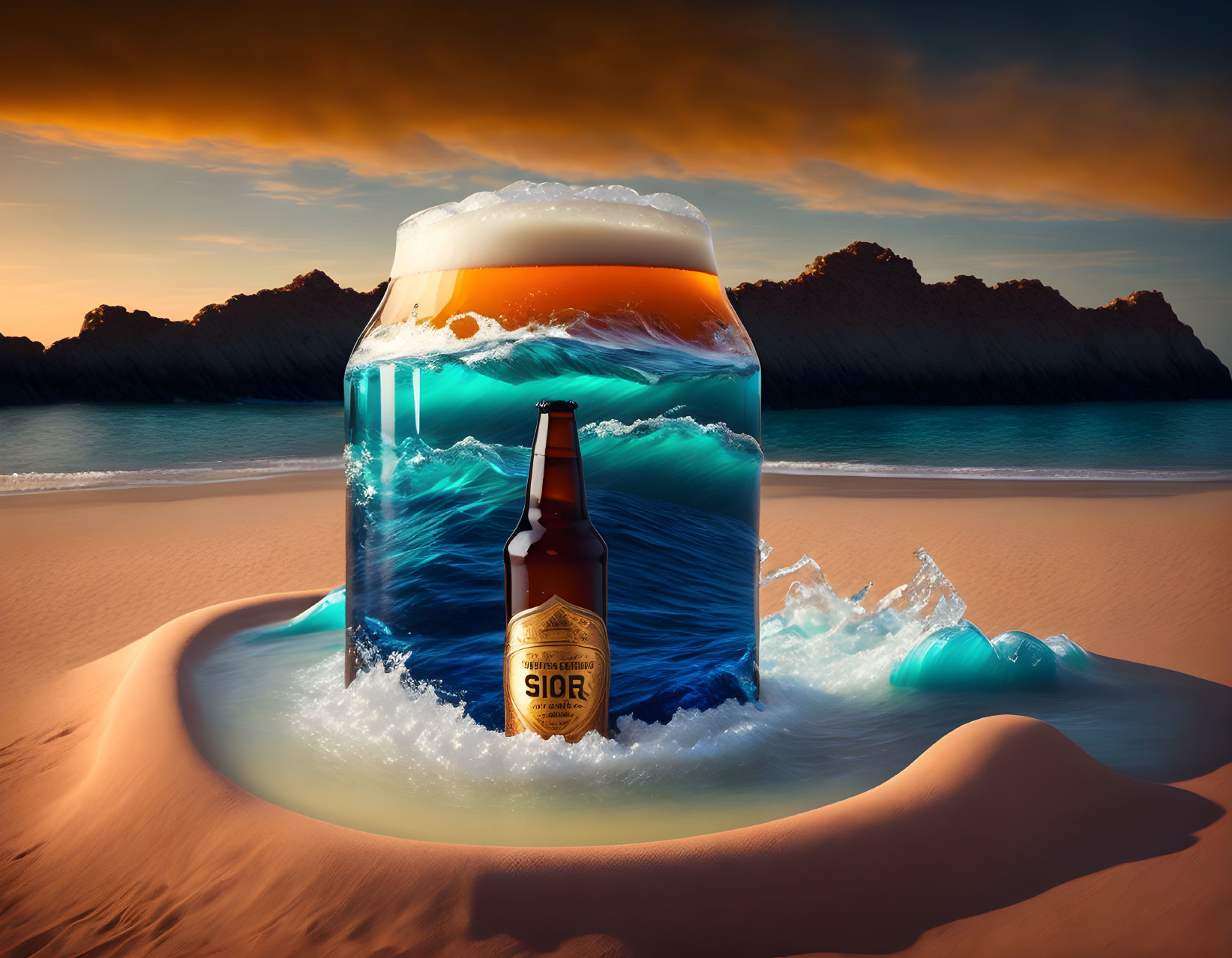 Beer bottle and glass on beach with ocean waves and sunset.