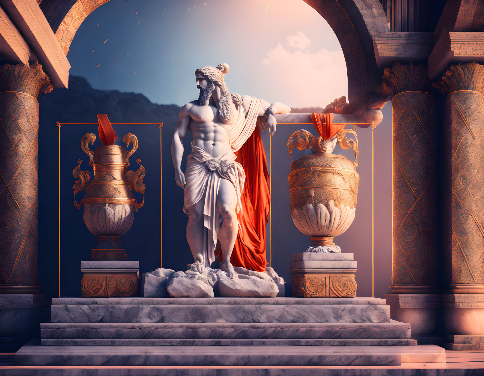 Classical figure statue draped in red cloth between ornate vases in ancient columned structure at twilight