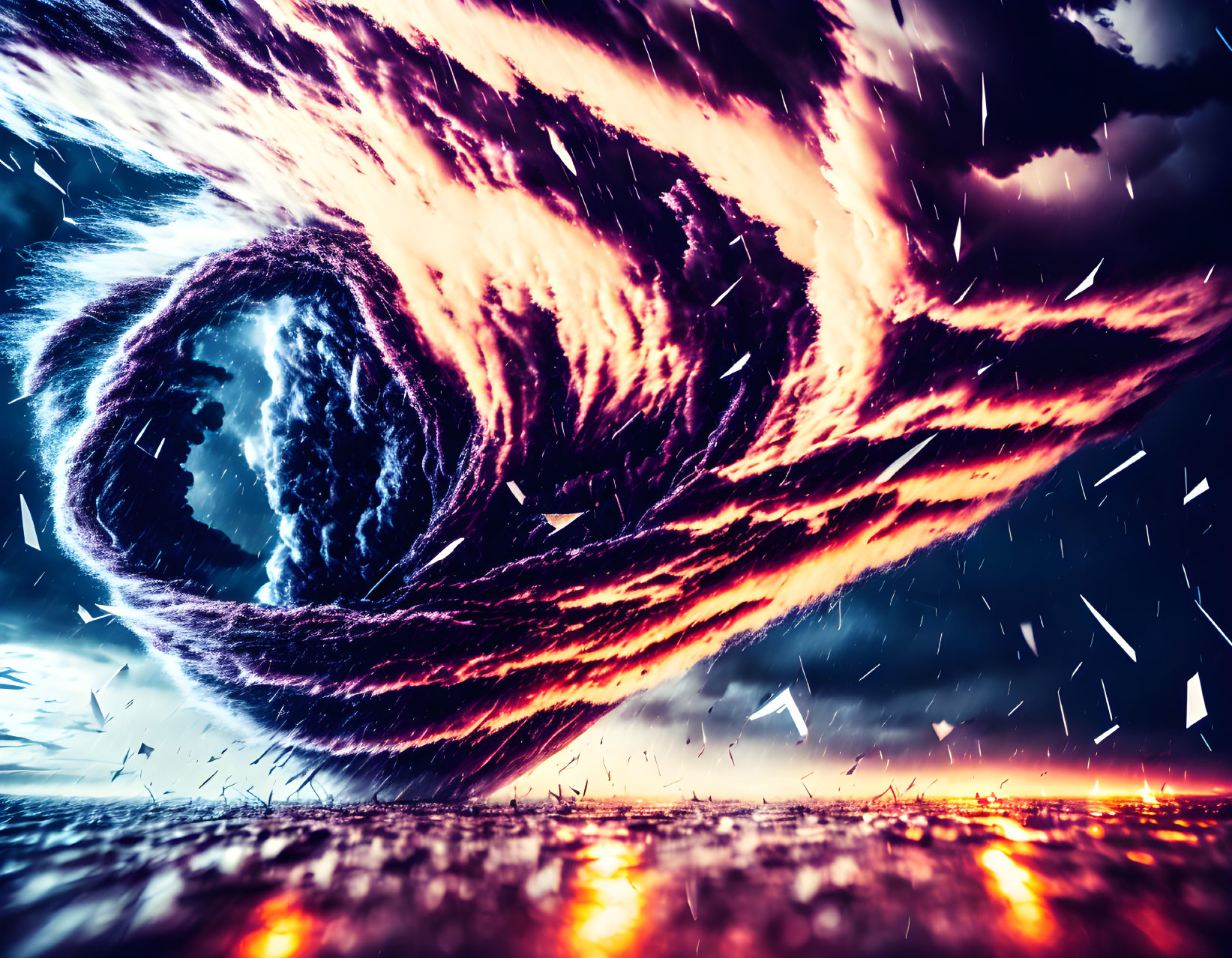 Vibrant depiction of massive tornado under stormy sky