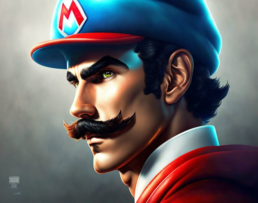 Detailed Digital Portrait of Mario: Blue Cap, Mustache, Green Eyes