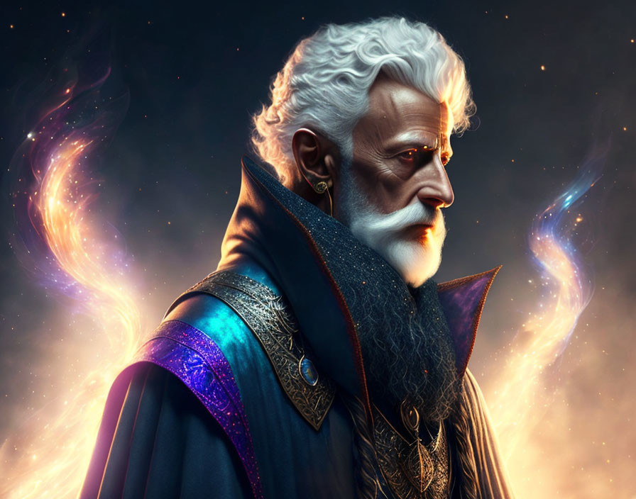 Elder Man in Blue and Black Cloak Against Cosmic Background