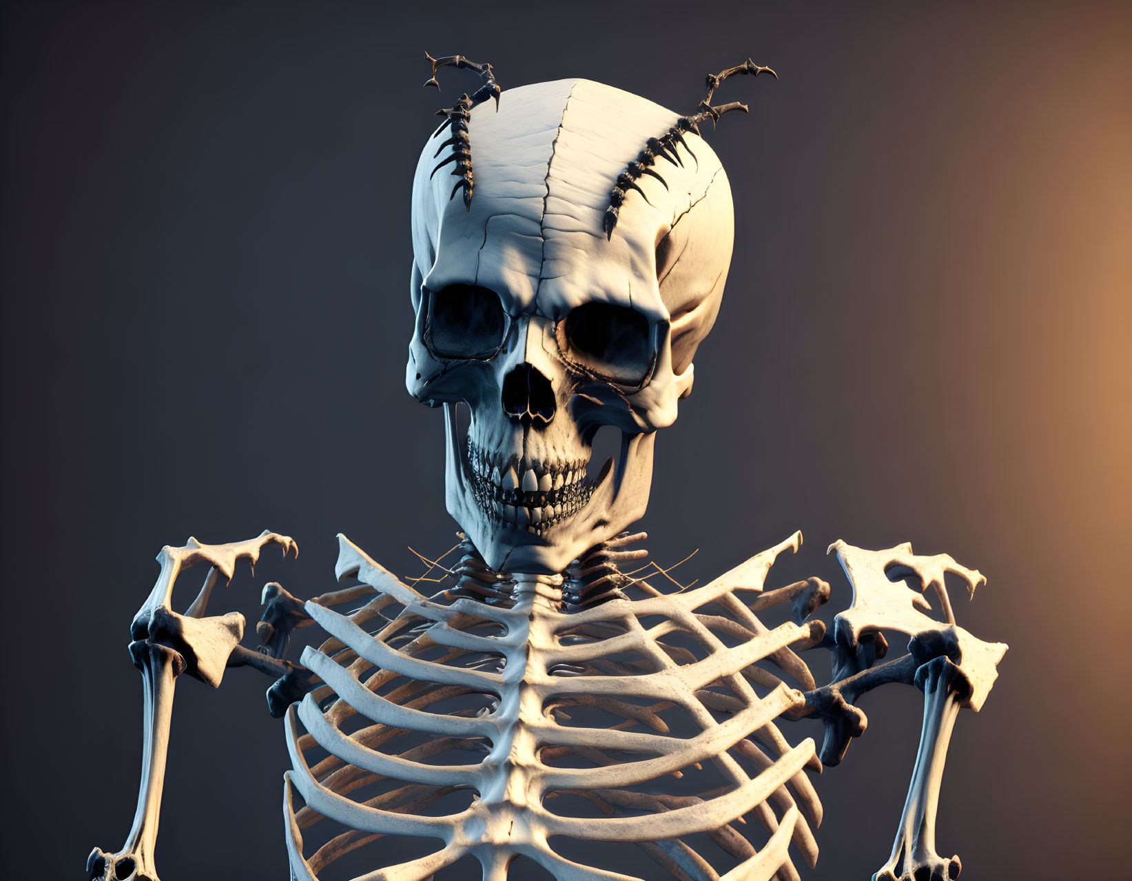 Skeleton with cracked skull against dark background: spooky and scientific.