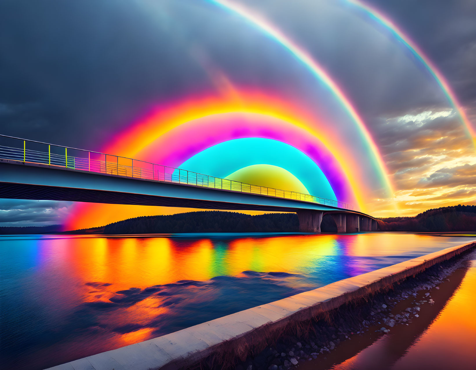 Triple rainbow over bridge and lake at sunset