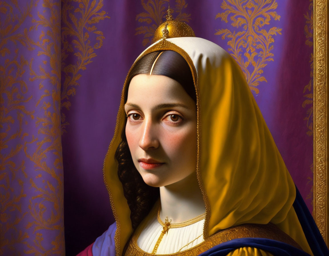 Digital painting of a woman in medieval attire with headdress and veil against patterned backdrop