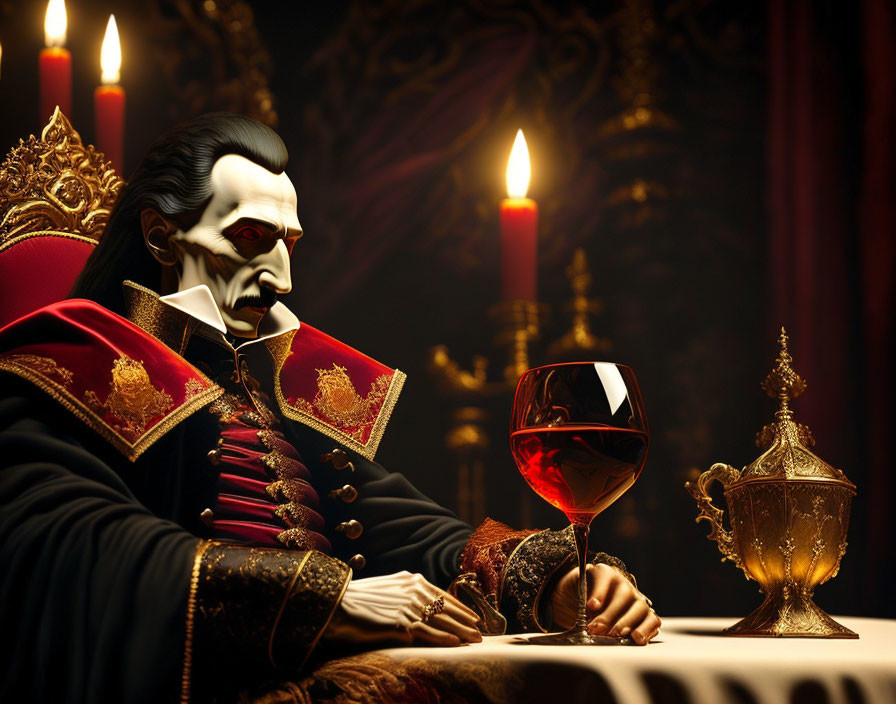 Gothic vampire character at table with red goblet, candles, and elegant decor