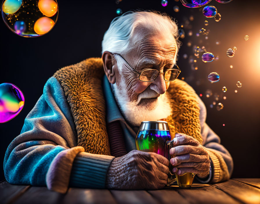 White-bearded elderly man smiling at iridescent glass cup in colorful bubble-filled scene