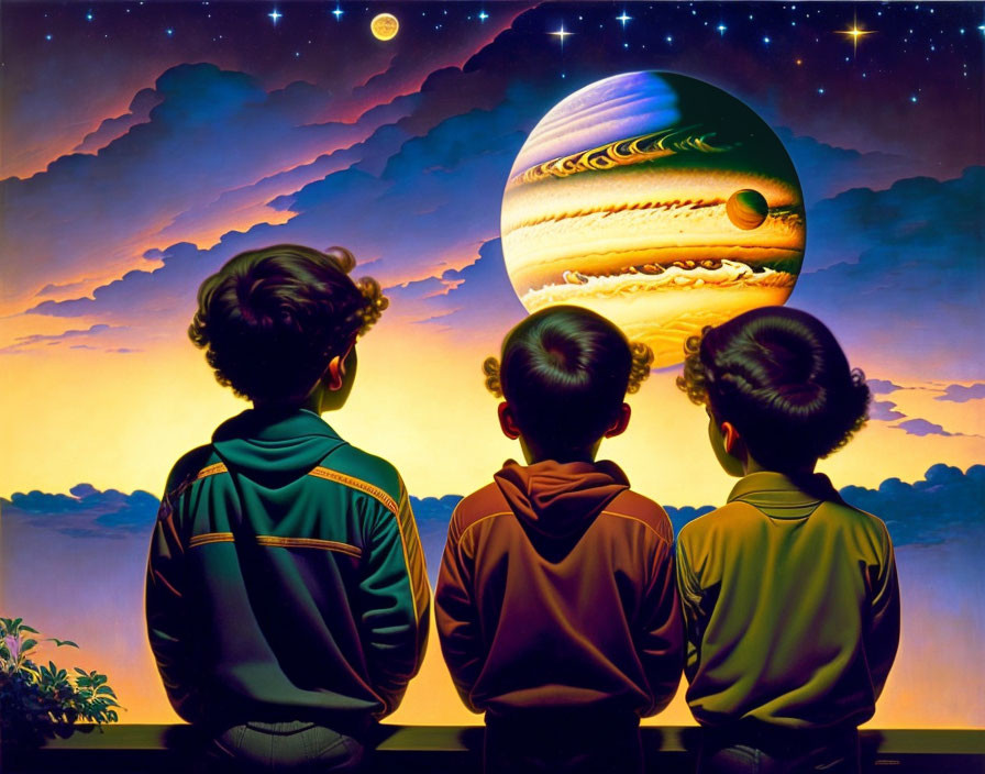 Children observing colorful planet and moons in starry sky