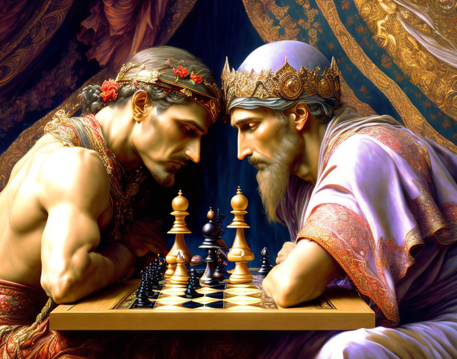 Regally dressed individuals playing intense chess game