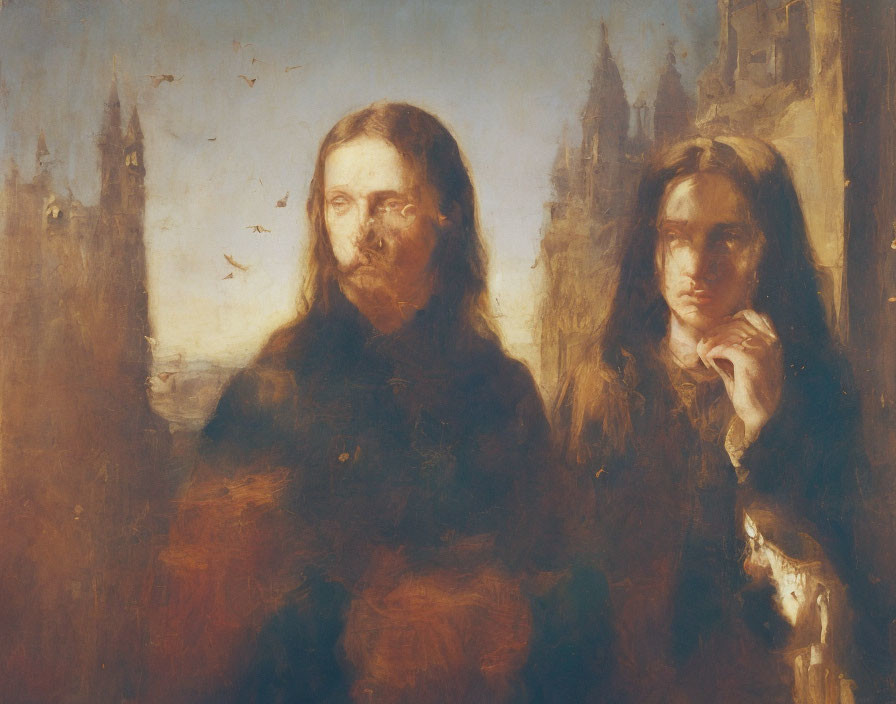 Two somber figures in varied poses against a moody, gothic background with flying birds.