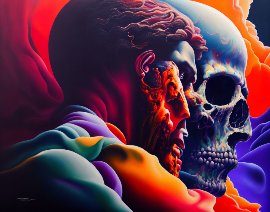 Colorful surreal artwork: human profile and skull with abstract forms