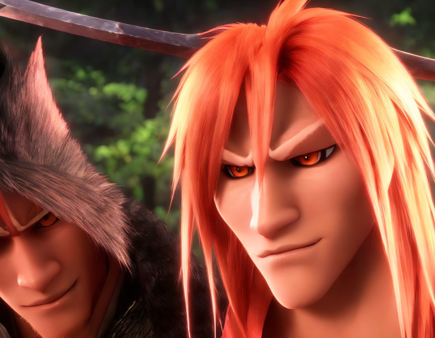 Animated characters with orange and grey hair display sly grins.