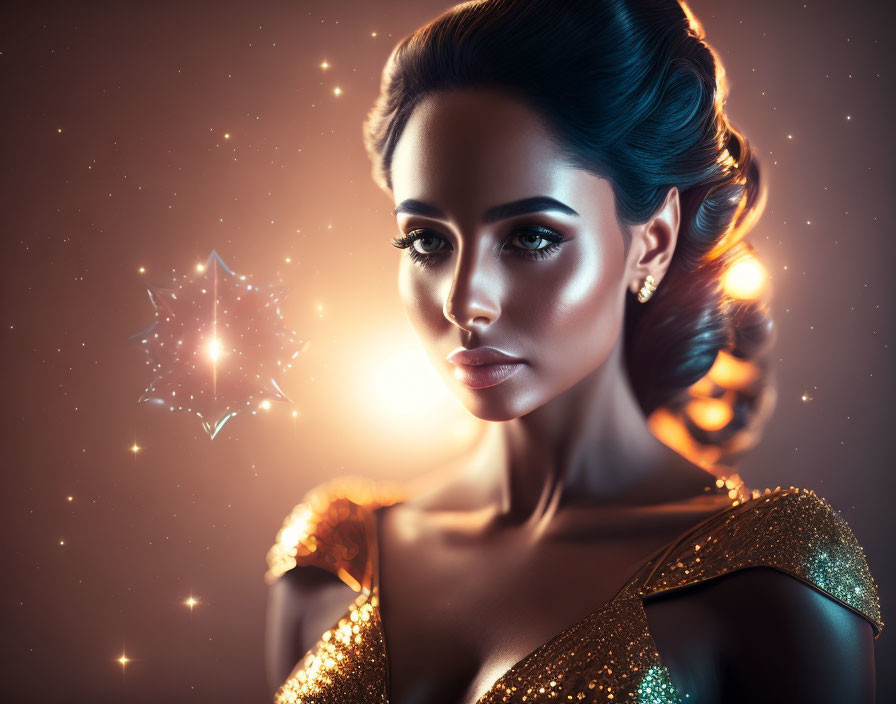 Elegant woman in golden dress with glamorous makeup and hairstyle