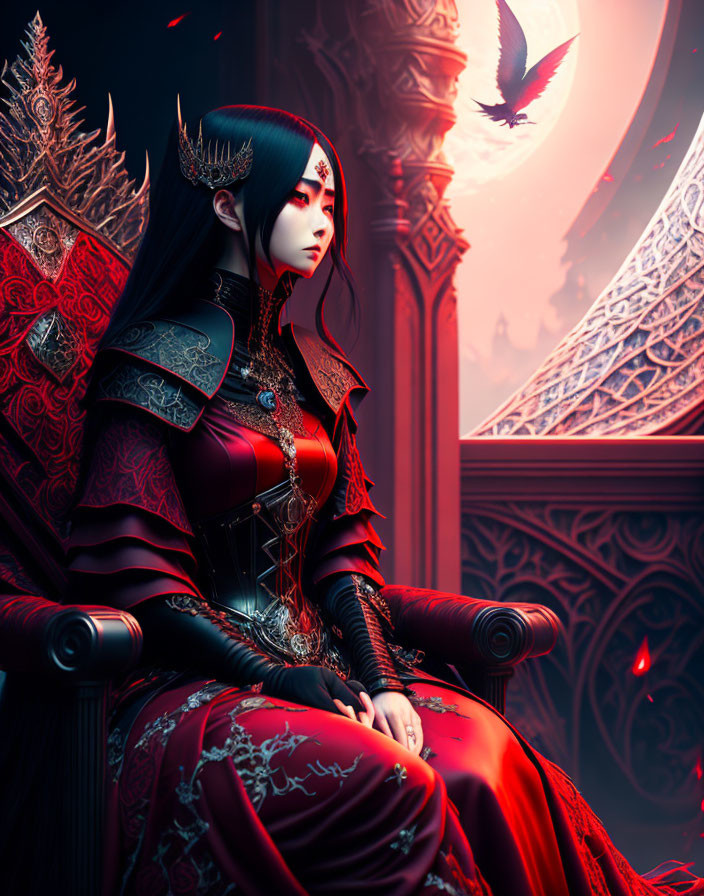 Regal figure in ornate armor on throne with raven, gothic architecture in red background