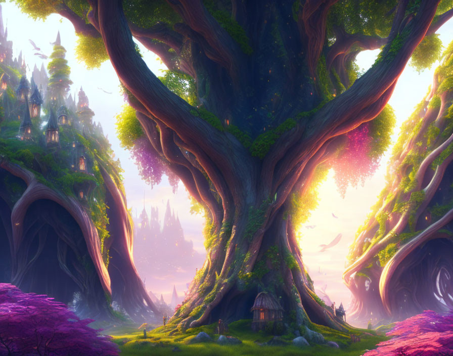 Majestic tree and colorful foliage in whimsical forest scene