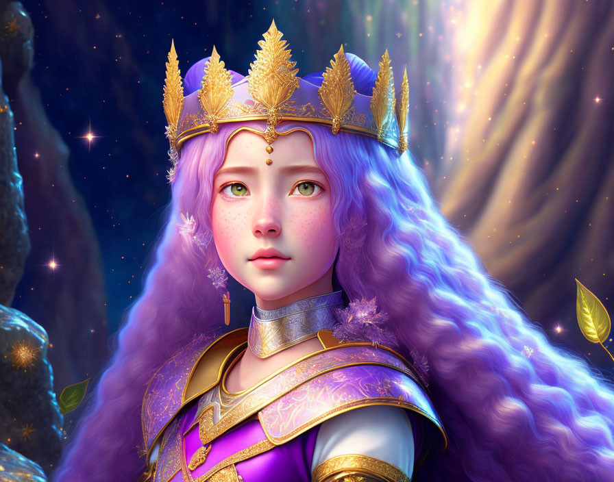 Fantasy illustration of young girl with purple hair and elfin ears in golden crown and royal attire against